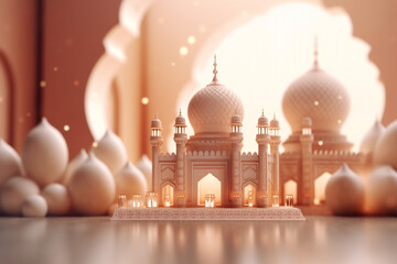 Islamic new year decoration with floating beaded lanterns with blurred and bokeh majestic mosque background