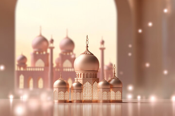 Luminous lanterns with a background of buildings and Islamic rituals for celebration of islamic Eid Al Adha , Eid al-Fitr and eid mubarak, ramadan