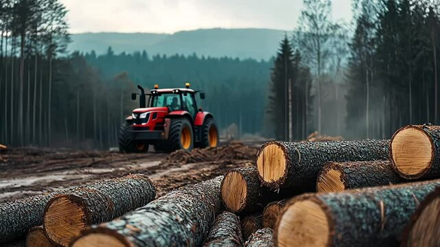 Save forest. Save nature. Logs are stacked in a forest with a tractor in the background