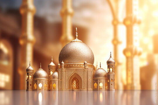 Islamic new year decoration with floating beaded lanterns with blurred and bokeh majestic mosque background