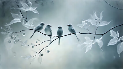 Soft, airy background with translucent leaves and birds. Abstract aesthetic concept.