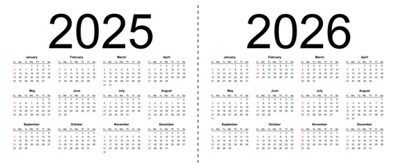 Calendar 2025, 2026. Week starts from Sunday, business template. Isolated vector illustration on white background.