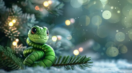 Green little snake is sitting by the Christmas tree, in the style of iconic pop culture caricatures, cute and dreamy