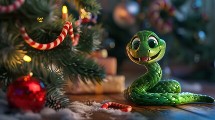 Green little snake is sitting by the Christmas tree, in the style of iconic pop culture caricatures, cute and dreamy