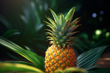 Fototapeta premium Mature pineapple on the wooden table in the tropical paradise generated by, generative IA