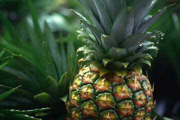 Obraz premium Mature pineapple on the wooden table in the tropical paradise generated by, generative IA
