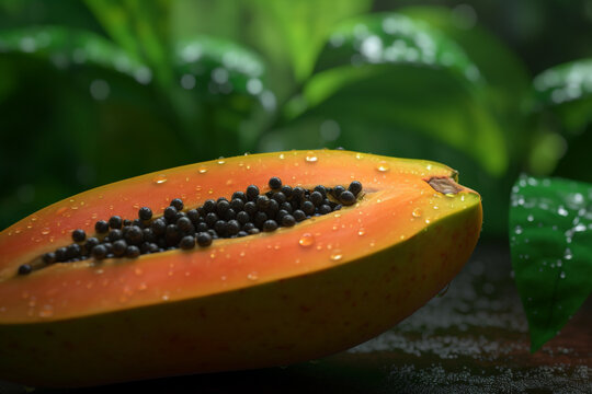 A halved papaya and a whole one on a wooden plate with green leaves in the background
