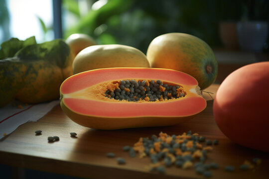 A halved papaya and a whole one on a wooden plate with green leaves in the background