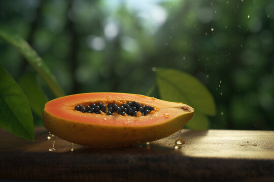 A halved papaya and a whole one on a wooden plate with green leaves in the background