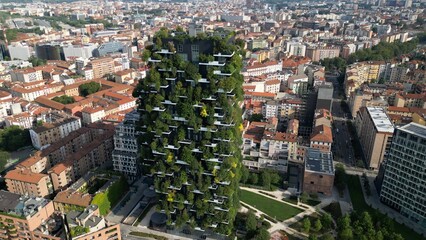 Italy ,Milan 09,05,2024 - Drone view of   Vertical forest, bosco verticale and Unicredit tower...