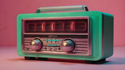 Fototapeta premium Antilo radio illustration, 80s and 90s, retro colors on pastel green pink neon light background, copy space.