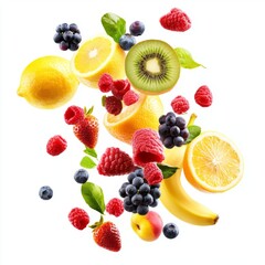 Flying different fresh fruits in air on white background. Falling fruits mix multifruit
