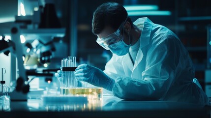 Scientist in protective gear conducts experiment in a dimly lit laboratory, handling test tubes and focusing on research work.