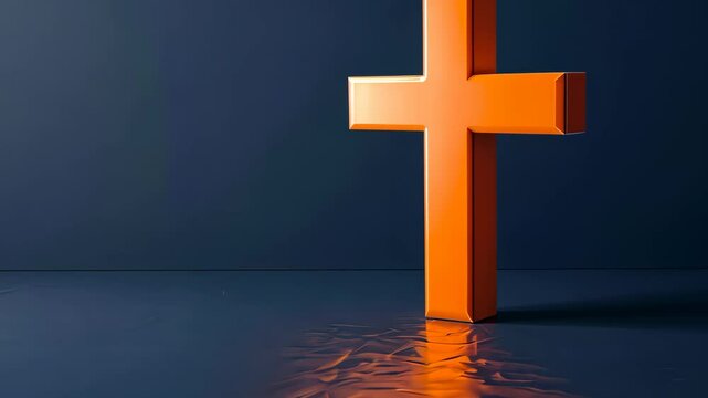 Orange cross standing on dark surface, minimalistic religious theme