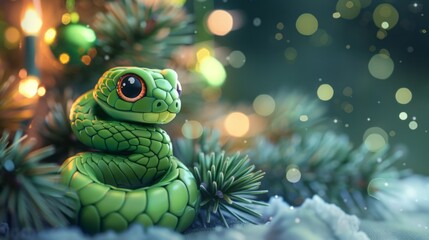 Green little snake is sitting by the Christmas tree, in the style of iconic pop culture caricatures, cute and dreamy