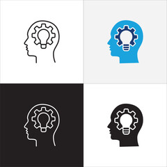 Icon related to business. Contains icons of strategy, idea, head, light bulb, setting, setup, brain storming. Vector graphic resource for illustration and user interface in thin line flat design.