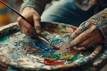 Obraz premium Detailed view of an artist's hands mixing vibrant colors on a paint palette, showcasing creativity and artistic expression.