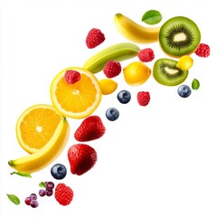 Flying different fresh fruits in air on white background. Falling fruits mix multifruit