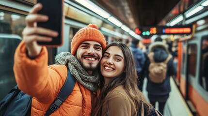 Obraz premium Portrait of a happy friends or a couple taking selfie with a smartphone in subway train or railway station. Relationship concept with young people having fun and taking a photo while waiting train. 