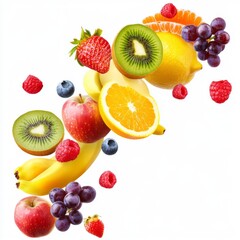 Flying different fresh fruits in air on white background. Falling fruits mix multifruit
