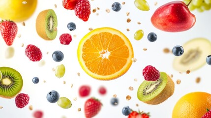 Naklejka premium Flying different fresh fruits in air on white background. Falling fruits mix multifruit