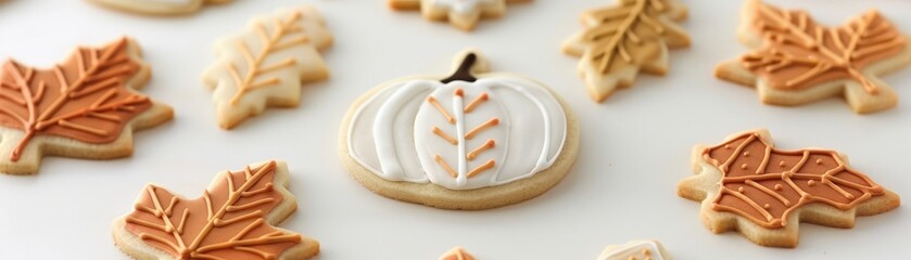 Decorated iced sugar cookies in autumn themes, featuring pumpkins and leaves in various fall colors, arranged on a light background.
