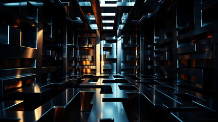 An intricate 3D maze with metallic walls and sharp, geometric edges casting dramatic shadows