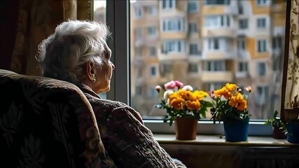 lonely senior woman in wheelchair at home. Elderly people. feeling sad and depressed looking window outside - Powered by Adobe