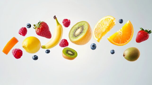 Flying different fresh fruits in air on white background. Falling fruits mix multifruit