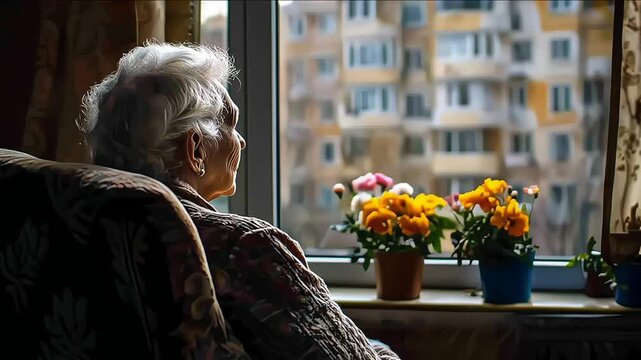 lonely senior woman in wheelchair at home. Elderly people. feeling sad and depressed looking window outside