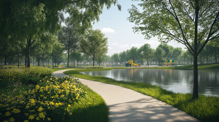 Obraz premium park, such as a pond, flowering plants, or a playground in the distance, park in the park, park in autumn, walk in the park