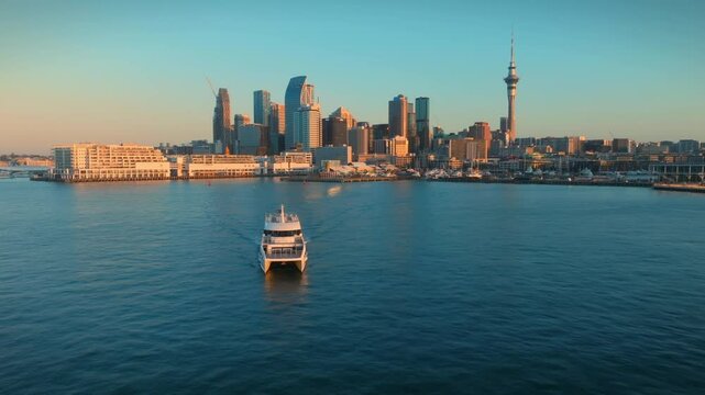 Passenger ferry in the Waitemata harbour and the Downtown city skyline, Auckland, New Zealand.