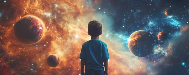 A child gazes at a colorful, vast galaxy filled with stars and planets, evoking wonder and curiosity about outer space and the universe.