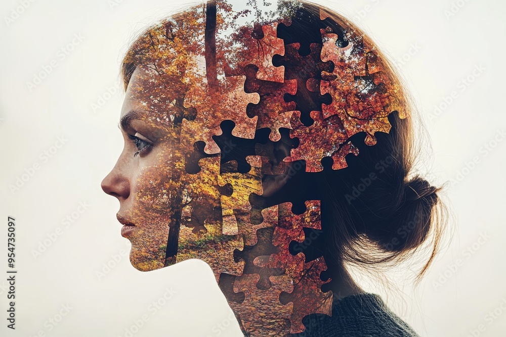 Poster fmri intelligence profile of a woman with puzzle pieces integrated into her head symbolizing the com