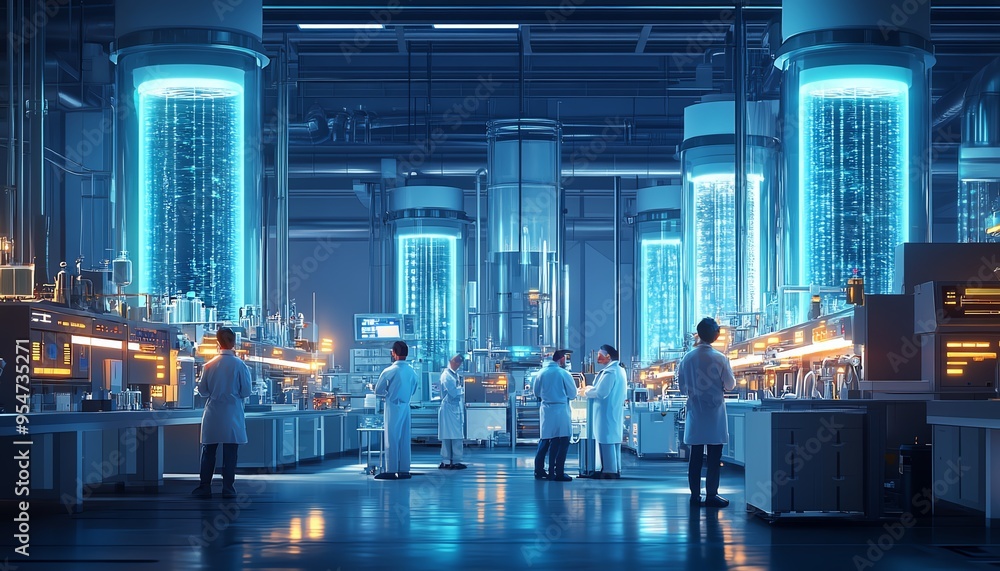 Wall mural create a modern laboratory scene where scientists celebrate a breakthrough in reducing forever chemi