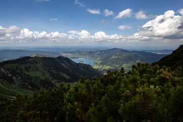 Mountain hiking at Brecherspitze mountain, lake Schliersee, Bavaria, Germany in summertime