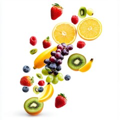 Flying different fresh fruits in air on white background. Falling fruits mix multifruit