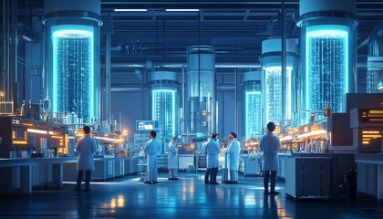 Create a modern laboratory scene where scientists celebrate a breakthrough in reducing forever chemicals and PFAS in humans