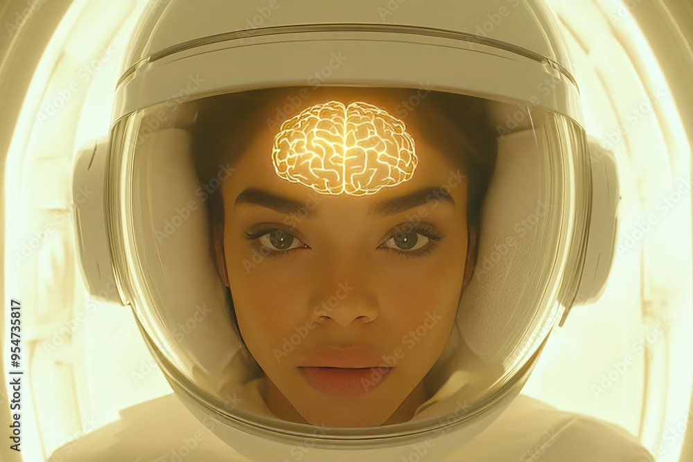 Poster neurochemical balance intelligence astronaut with a glowing brain inside the helmet representing the