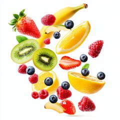 Flying different fresh fruits in air on white background. Falling fruits mix multifruit