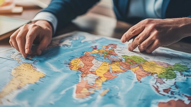 Travel Agent Consulting with Customer to Help Them Select a Destination from a Detailed World Map for an Upcoming Trip or Vacation
