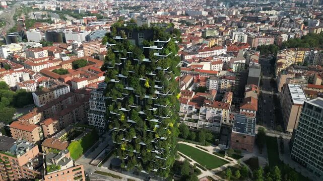 Italy ,Milan 09,05,2024 - Drone view of   Vertical forest, bosco verticale luxury apartment in Garibaldi Gae Aulenti square financial district in downtown of the city - BAM , new skyline