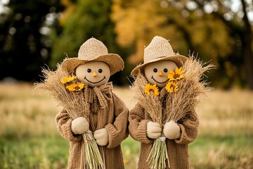 Two adorable scarecrows holding bundles of wheat and sunflowers in a grassy field, celebrating the autumn harvest season.