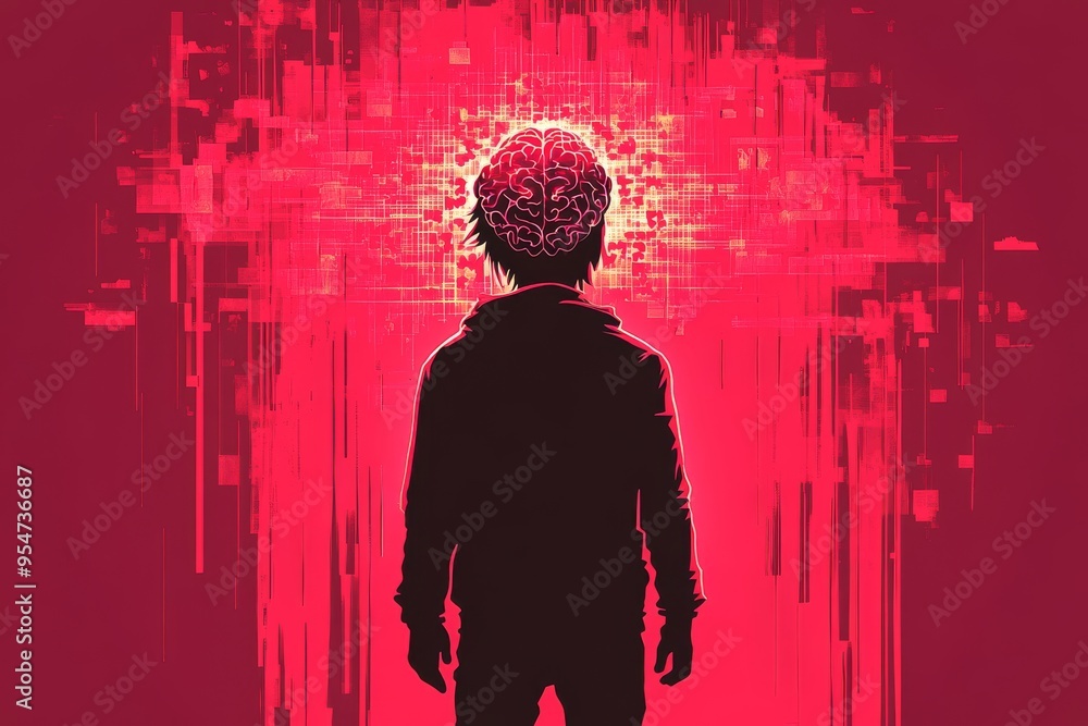 Poster neuroendocrinology intelligence digital artwork of a person with a pixelated red background symboliz