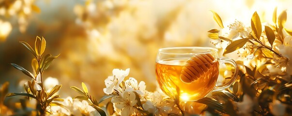 Create a realistic image of tea leaves and honey, with rich textures and warm, golden tones highlighting the natural beauty of both