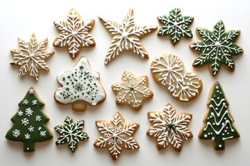 a delicate arrangement of intricately decorated christmas cookies, including snowflakes, trees, and stars, on a pure white backdrop
