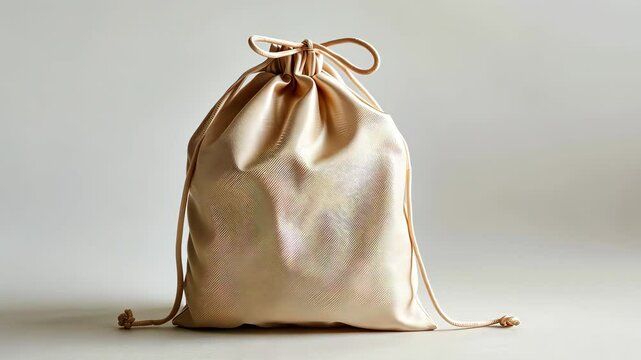 Beige drawstring fabric bag on neutral background