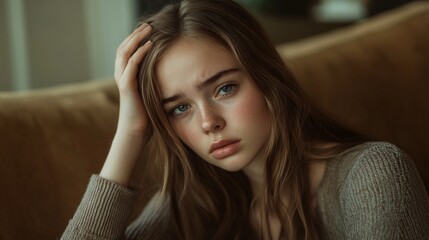 Fototapeta premium A contemplative young woman sits on a cozy couch, lost in thought. Her long hair beautifully frames her face, expressing a mix of emotions. Perfect for portraying introspection and mood. AI