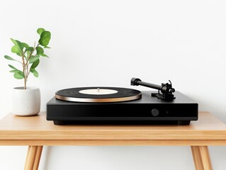 Stylish turntable on a wooden table with a plant, perfect for music lovers and vintage decor enthusiasts.