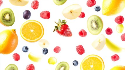 Flying different fresh fruits in air on white background. Falling fruits mix multifruit